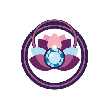 Katmanlı taç yaprakları ve merkezi mavi bir mücevher, soyut dairesel tasarım içeren en küçük amblem.