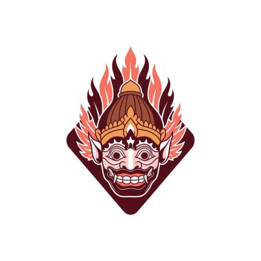 Ateşli taç, kalın yüz detayları ve geometrik arkaplan motifi ile canlı maske