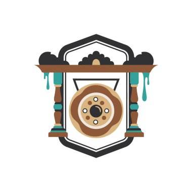 Merkezi tekerlek motifli ve turkuaz süslemeli stilize bir rozet.