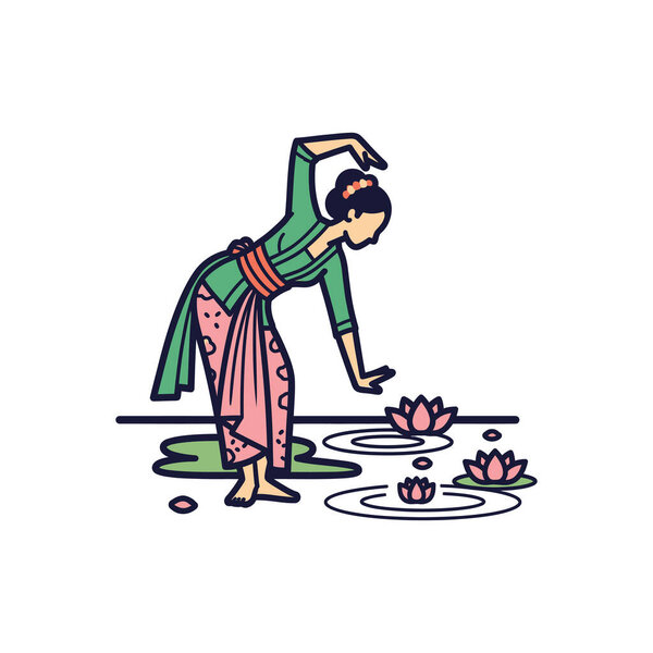 A lone woman in traditional dress gathers water lilies from a pond, emphasizing calm action and cultural attire