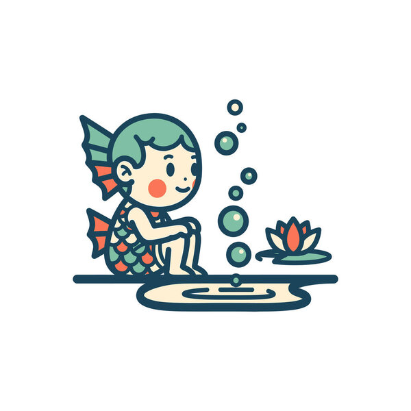 Веселая фигурка русалки у спокойного пруда с пузырьками и цветком лотоса