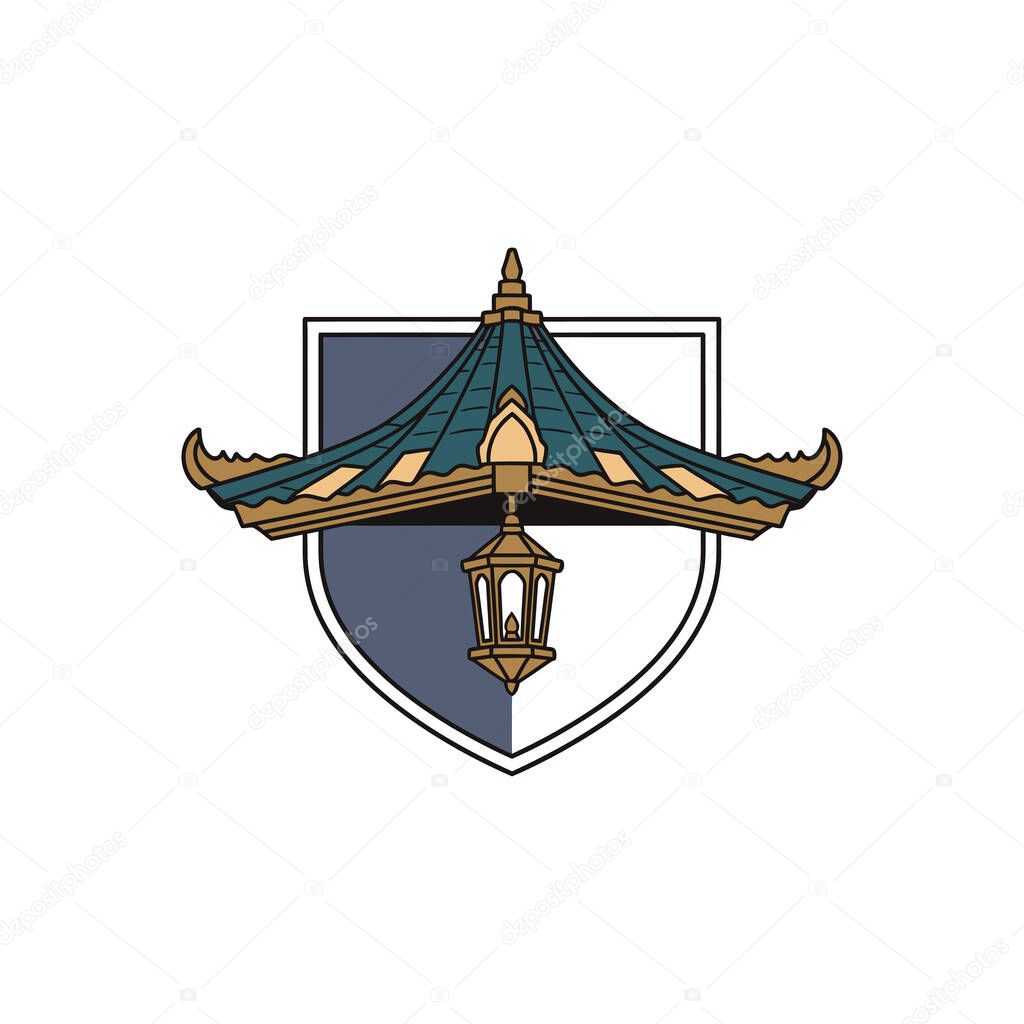 Cultural lantern and ornate roof over shield emblem as a shield inspired insignia