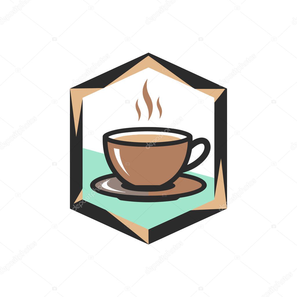 Warm cup of coffee with steam in a modern geometric badge