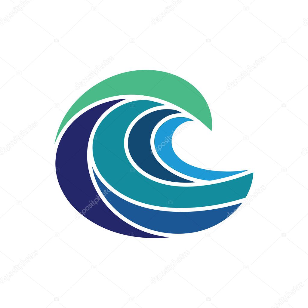 Minimalist wave crest logo with circular flow and gradient blues and greens.