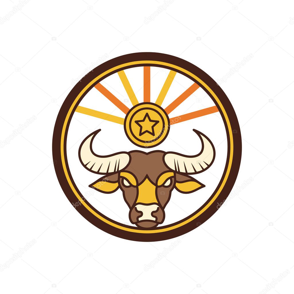 A striking bull emblem featuring a rising sun and star at the center