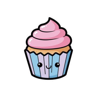 Bir kawaii keki resmi pembe kremalı ve gülümseyen yüzlü.