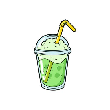 Kubbe kapağı ve samanla berrak plastik bardakta kremalı yeşil smoothie.