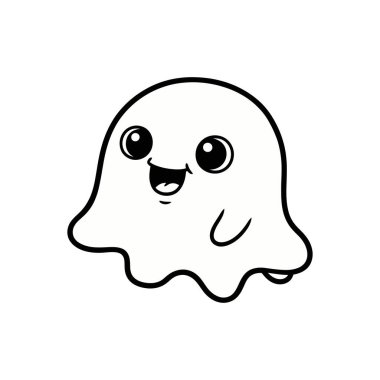 Dostça gülümseyen çizgi film karakteri, basit siyah ve beyaz.