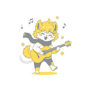 Resimli tilki karakteri neşeyle akustik gitar çalıyor.