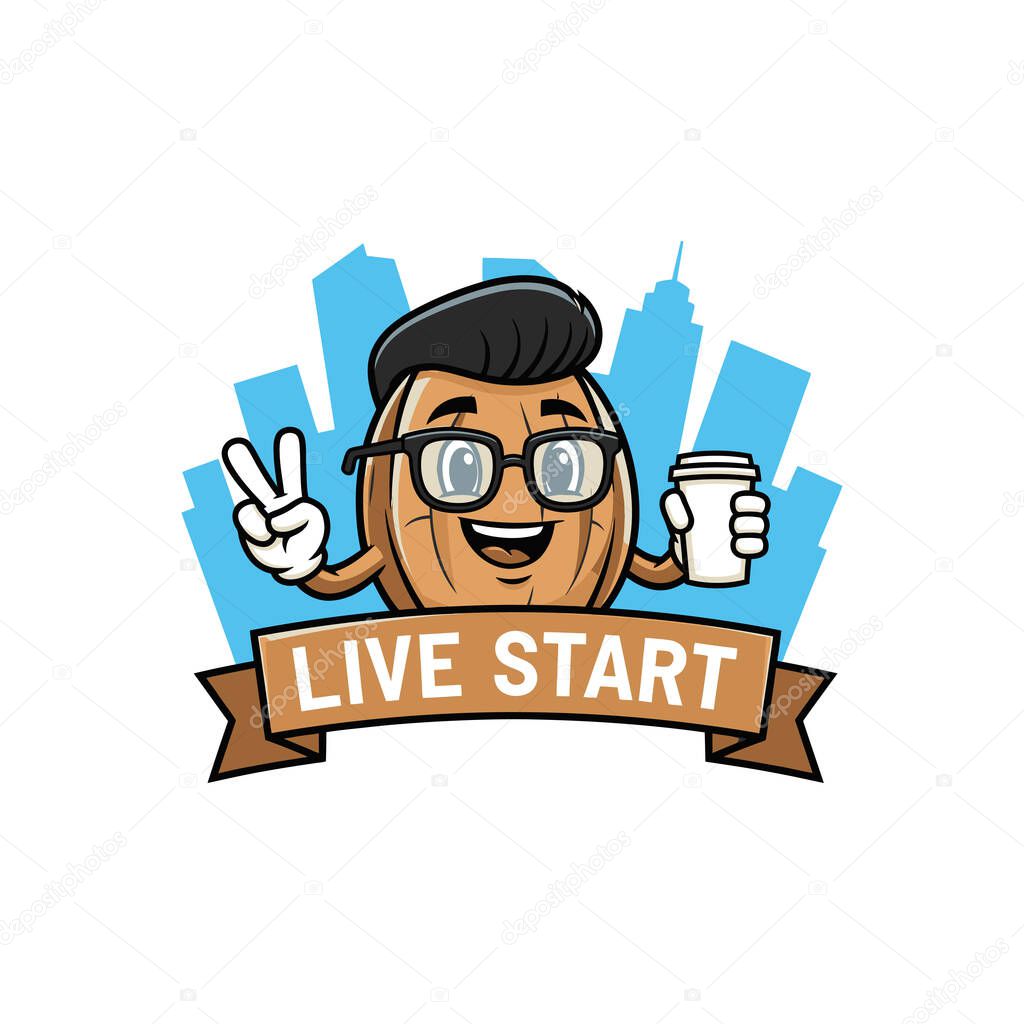 Cartoon smiling walnut mascot wearing glasses holding coffee cup and showing peace sign with banner