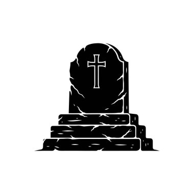 İçinde haç bulunan taş bir mezar taşının silueti.