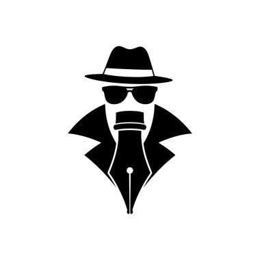 Fötr şapka takan gizemli yazarın siyah silueti ve dolma kalem ucu olan güneş gözlüğü.