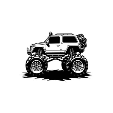 Kaldırılmış bir canavar kamyonun siyah beyaz çizimi.