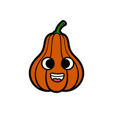 Gülen turuncu çizgi film karakteri, etkileyici gözleri ve ağzı açık.