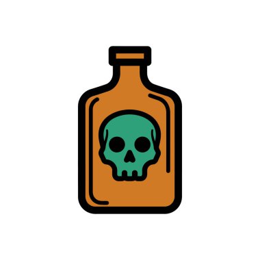 Kehribar cam şişe etiketinde yeşil kafatası zehri sembolü var.