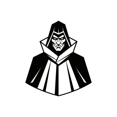 Tek renkli kapüşonlu pelerinli büyücü amblemi. Yüzünde acımasız bir ifade var.