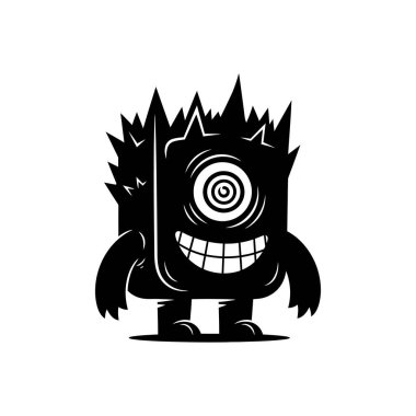 Siyah ve beyaz gülümseyen tek gözlü, sivri uçlu canavar karakteri çizimi