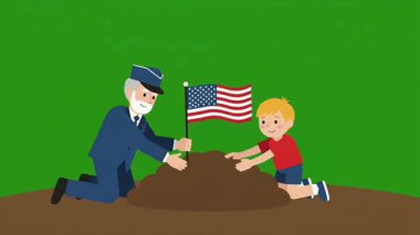 Yaşlı bir adam ve genç bir çocuk birlikte bir Amerikan bayrağı dikip aile vatanseverliğini ve nesiller arası bağları aktarıyorlar.