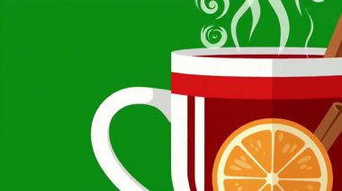 Buharı üstünde turuncu dilimi ve yeşil arka planda tarçın çubuğu olan kırmızı bardağın animasyonu.