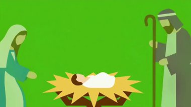 Bebek İsa 'yı yemlikte Meryem Joseph Shepherd ve üç bilge kralın hediyeler getirdiği renkli animasyon sahnesi.
