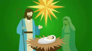 Canlandırılmış vektör doğum sahnesi, kutsal ailenin çobanlarını ve parlayan yıldızın etrafındaki bilge ziyaretçileri gösteriyor.