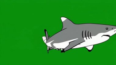 Katı yeşil arka planda çizgi film gri köpekbalığı animasyonu