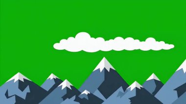 Düz dizayn edilmiş dağ manzarası animasyonu. Krom anahtar kullanımı için yeşil zemin üzerinde kar örtülü tepeler ve sürüklenen bulutlar.