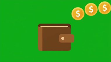 Katı yeşil arka planda altın sikkelerle dolu bir cüzdanın vektör biçimi canlandırması