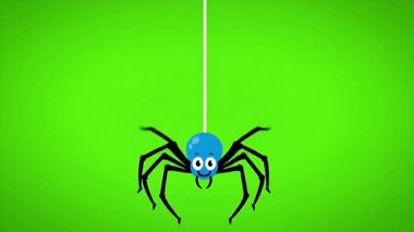 Mavi çizgi film örümceğinin parlak yeşil arkaplana karşı beyaz bir ağ üzerine inişi.