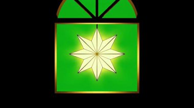 Aydınlatılmış sekiz nokta yıldızlı cam pencere dekorasyonunu parlak yeşil ve altın renklerle kapat