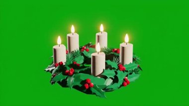 Yeşil ekran arkaplanı üzerinde çobanpüskülü ve böğürtlenli dört mumlu bir çelengin dönüşümlü görüntüsü