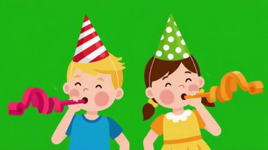 Animated boy and girl celebrate with party blowers and festive hats
