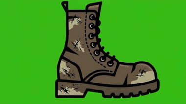 Yeşil arka planda asker botu ve askeri miğferin çizgi film animasyonu.