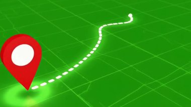 Kıvrımlı kesikli rota, yeşil ızgara haritasında yön bulma sürecini gösteren kırmızı pimleri birbirine bağlar