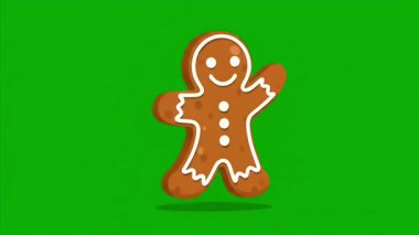 Saf yeşil arka planda dans eden gülümseyen zencefilli kurabiyenin animasyonu