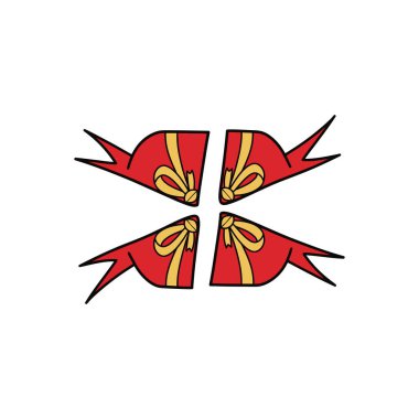 Dekoratif grafik tasarımı gösteren iki kırmızı kurdele ikiye ayrılmış.