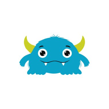 A blue friendly monster with yellow horns and big eyes