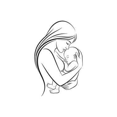 Line art showing a mother cradling her newborn in a tender embrace
