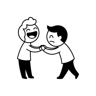 İki insan, basit bir çizgi çiziminde yer alan karşıt ifadelerle el sıkışıyor.