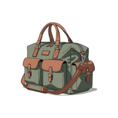 Zengin kahverengi deri aksanları ve cepleri olan, seyahat veya günlük kullanım için mükemmel, şık yeşil bir bez çanta..