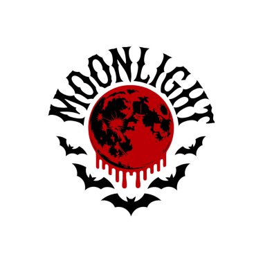 Ay ışığı altında yarasalarla çevrili kan damlayan kırmızı ayın grafiksel bir çizimi..