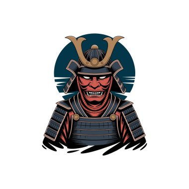 Geleneksel bir Japon samuray maskesi ve zırhı takmış, koyu dairesel bir geçmişi olan vahşi bir savaşçı..