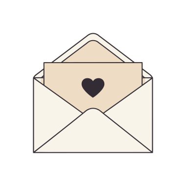 Açık bir zarf, aşk ve sevgiyi simgeleyen siyah kalp sembolü olan bir mektubu ortaya çıkarır..