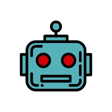 Üzerinde büyük kırmızı yuvarlak gözleri ve küçük bir anten olan mavi bir robot kafasının basit bir çizimi..