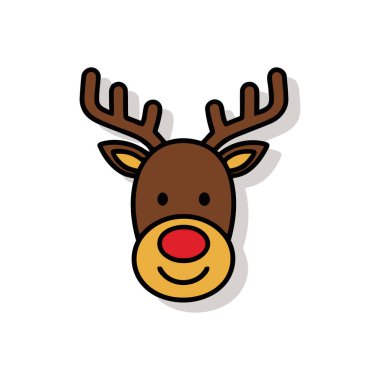 Büyük boynuzları ve parlak kırmızı burnu olan bir ren geyiğinin hoş bir karikatür çizimi. Tatil teması için mükemmel..