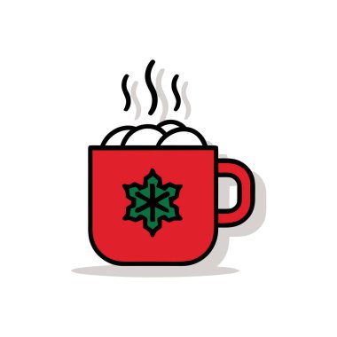 Marşmelovla kaplanmış ve yeşil kar tanesiyle süslenmiş dumanı tüten sıcak çikolata dolu şenlikli kırmızı bir kupa..