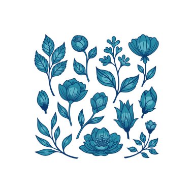Çiçek ve yaprakların yer aldığı el yapımı mavi botanik çizimler. Grafik tasarım projeleri için mükemmel..