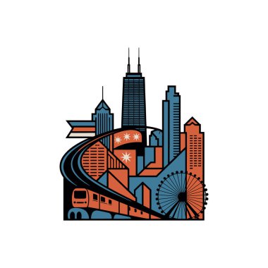 Gökdelenlerin, yüksek rayların üzerinde bir trenin ve bir dönme dolabın yer aldığı modern şehir manzarasının stilize edilmiş bir çizimi..
