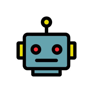 Dost canlısı, kare yüzlü ve kırmızı gözlü bir robot kafasının basit bir düz tasarımı..