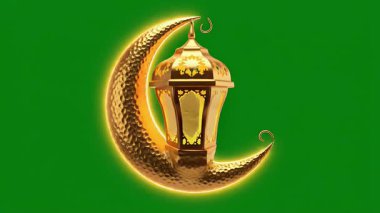 Canlandırılmış altın hilal ve dinsel kutlamalar için mükemmel yeşil ekran arka planında dönen geleneksel fener..